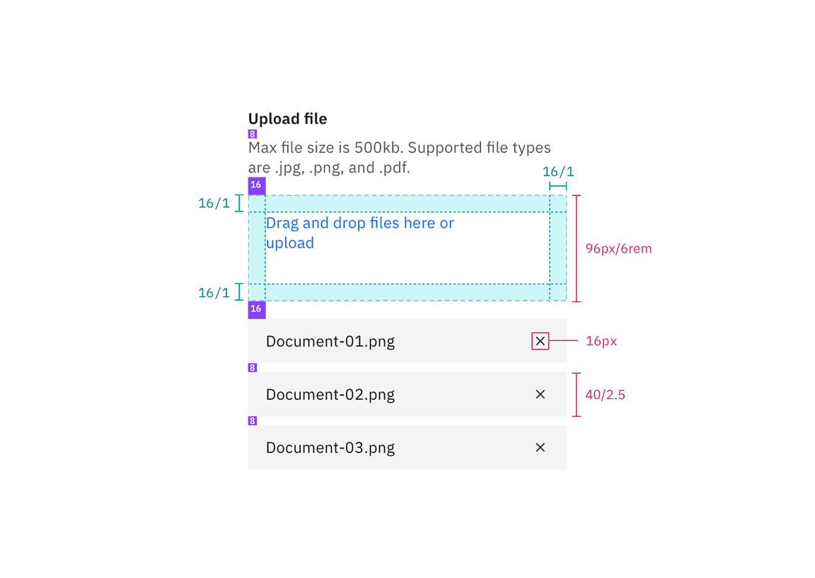 Structure and spacing measurements for drage and drop file uploader